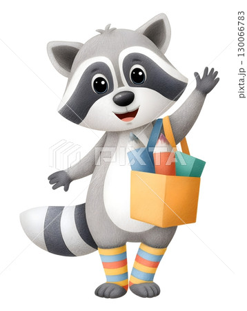 Cute cartoon raccoon waving and holding a shopping bag filled with colorful supplies. Cute cartoon raccoon waving and holding a shopping bag filled with colorful supplies. 130066783
