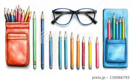 A neatly arranged set of colored pencils, pens, two pencil cases red and blue 130066793