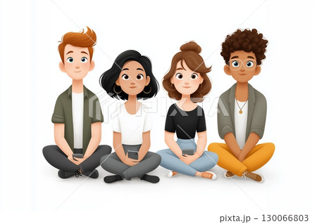 Illustration of a diverse group of young people sitting cross-legged and holding smartphones 130066803