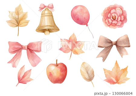 Watercolor illustration of autumn-themed objects, including leaves, a bell, bows, a balloon 130066804