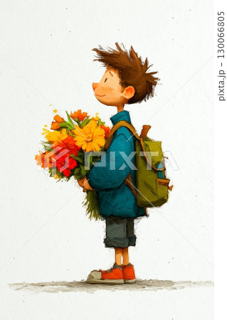 A charming illustration of a boy with a backpack holding a bright bouquet of flowers 130066805