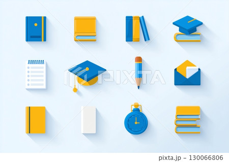 Flat-style illustration of school and education-themed items, including books, a graduation cap, pencil 130066806