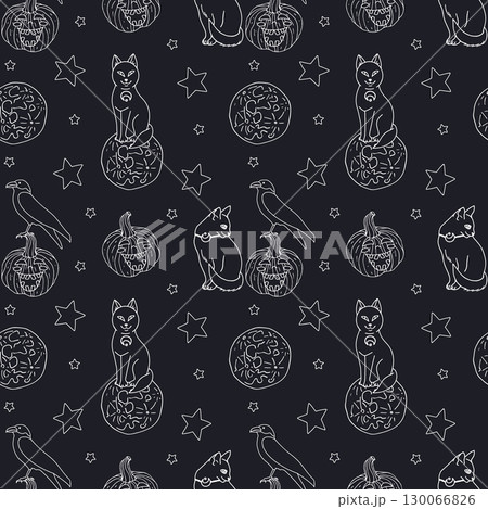 Seamless pattern with cute hand drawn monochrome Halloween witchy black cats 130066826