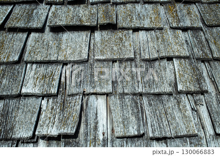 Weathered Cedar Shake Shingles Creating Rustic Architectural Texture Pattern 130066883