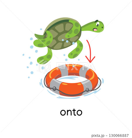 Preposition. Turtle jumps ONTO the lifebuoy 130066887