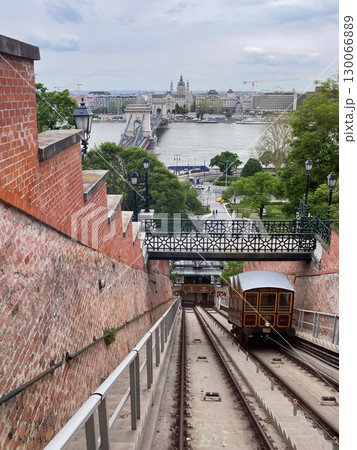 HistoricBudapest Hungary Funicular Railway Overlooking Danube River and Chain Bridge Cityscape. 02 May 2023 Budapest, Hungary 130066889
