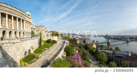 Budapest Hungary Royal Palace Overlooking Danube River and Chain Bridge Panoramic View 130066895