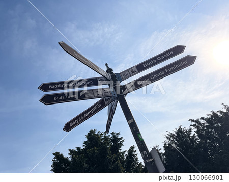 European Tourist Directional Signpost Against Bright Blue Sky in Historic Budapest District European Tourist Directional Signpost Against Bright Blue Sky in Historic Budapest District 130066901