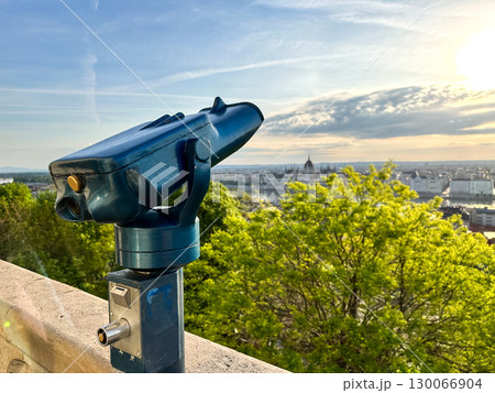 Tourist Telescope Overlooking Budapest Hungary Cityscape from Scenic Observation Deck Tourist Telescope Overlooking Budapest Hungary Cityscape from Scenic Observation Deck 130066904
