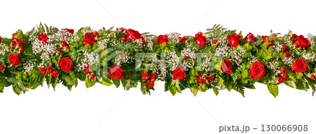 Luxurious Red Rose Garland with Baby's Breath and Ferns on Pure White Background 130066908