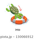 Preposition. Turtle jumps INTO the lifebuoy 130066912