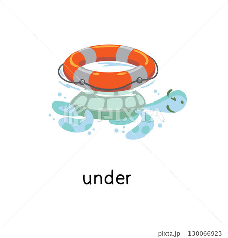 Preposition of place. Turtle UNDER the lifebuoy 130066923