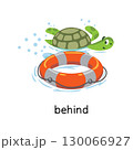 Preposition of place. Turtle BEHIND the lifebuoy 130066927