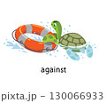 Preposition of place. Turtle AGAINST the lifebuoy 130066933