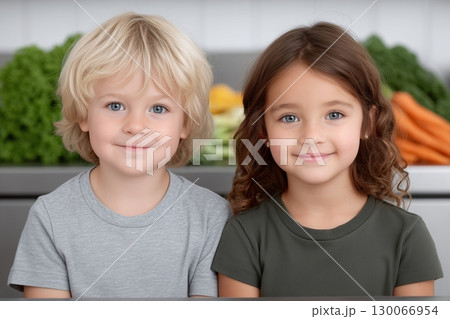 Two smiling children, a boy and a girl, in a bright kitchen with fresh vegetables behind them Two smiling children, a boy and a girl, in a bright kitchen with fresh vegetables behind them 130066954