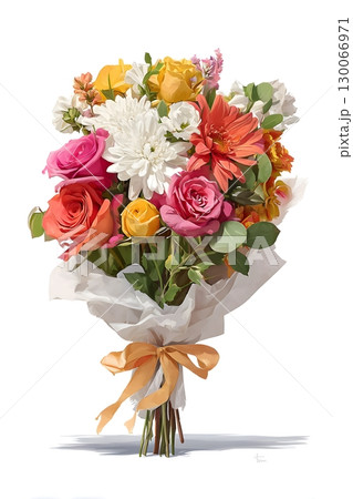 A vibrant bouquet of mixed flowers, including roses, daisies, and chrysanthemums, wrapped in white paper 130066971