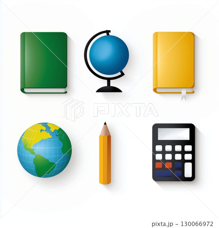 A set of school-related items including books, a globe, a pencil, a calculator, and an Earth illustration. 130066972