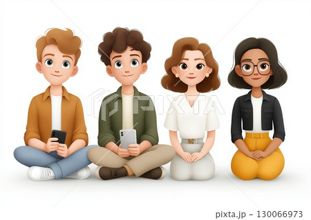 A group of four diverse individuals sitting casually with smartphones 130066973
