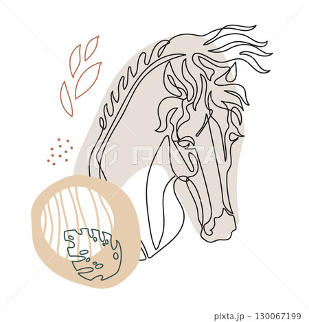 Continuous line drawing horse with botanical elements vector Continuous line drawing horse with botanical elements vector 130067199