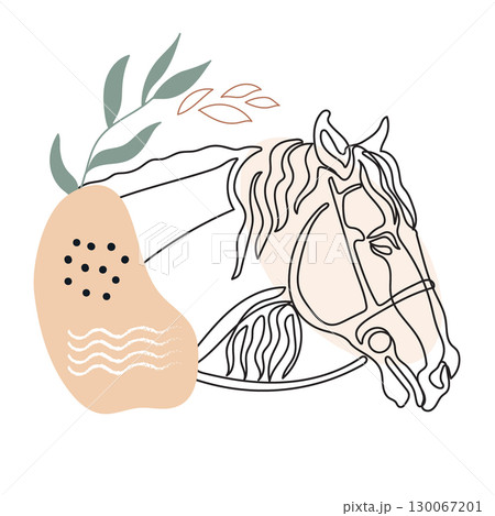Single line drawing horse with botanical elements vector Single line drawing horse with botanical elements vector 130067201