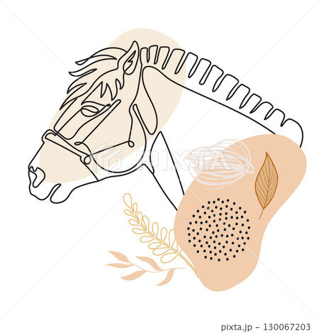 Continuous line drawing horse with botanical elements vector 130067203