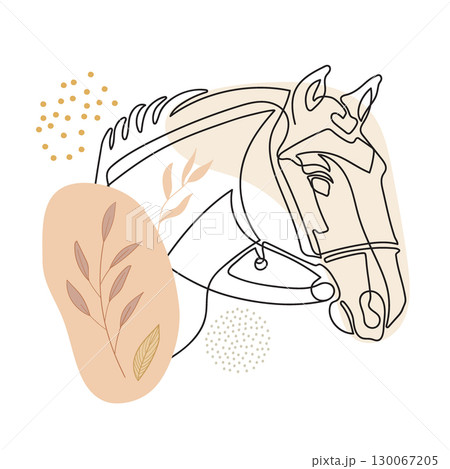 Continuous line drawing horse in bridle with botanical elements Continuous line drawing horse in bridle with botanical elements 130067205