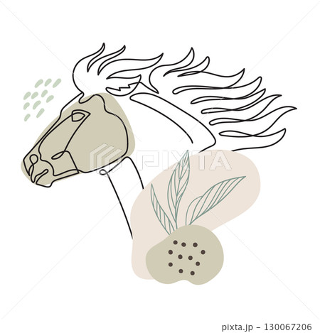 Running pony single line drawing with botanical elements vector Running pony single line drawing with botanical elements vector 130067206