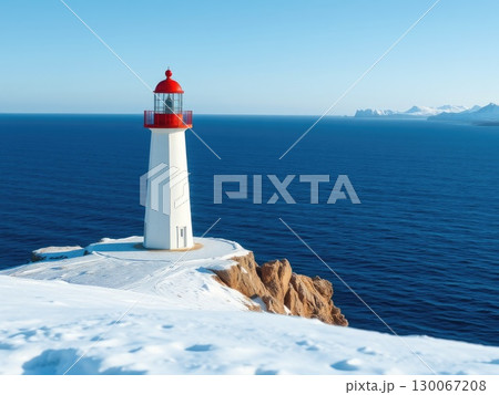 Snowy Coastal Lighthouse on a Winter Day Snowy Coastal Lighthouse on a Winter Day 130067208