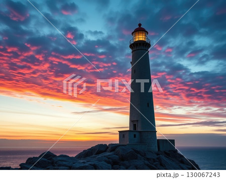 Dramatic Twilight Lighthouse on Rocky Cliff Dramatic Twilight Lighthouse on Rocky Cliff 130067243