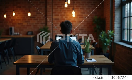 Person working in industrial loft office, back view 130067245