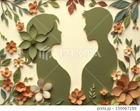 Earthy Paper Cut Couple with Natural Floral Design Earthy Paper Cut Couple with Natural Floral Design 130067289