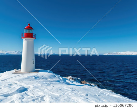 Snowy Coastal Lighthouse on a Winter Day Snowy Coastal Lighthouse on a Winter Day 130067290