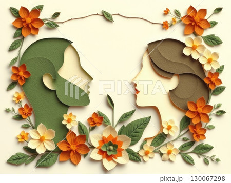 Earthy Paper-Cut Abstract Figures with Floral Art 130067298