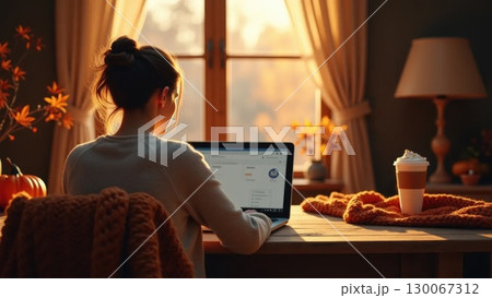 Person working in cozy autumn home office, back view 130067312