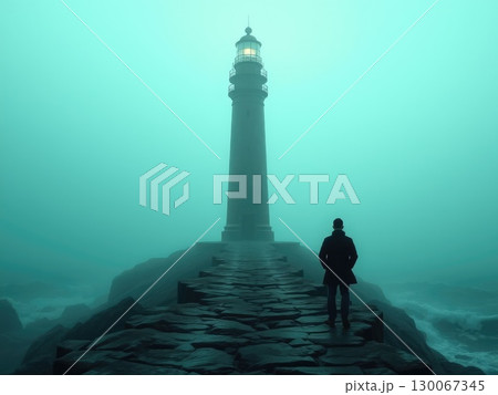 Eerie Lighthouse in Greenish Fog with Silhouetted Figures Eerie Lighthouse in Greenish Fog with Silhouetted Figures 130067345