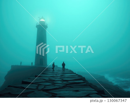 Eerie Lighthouse in Greenish Fog with Silhouetted Figures 130067347