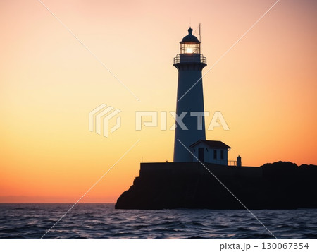 Powerful Lighthouse Beam at Golden Sunset or Sunrise 130067354