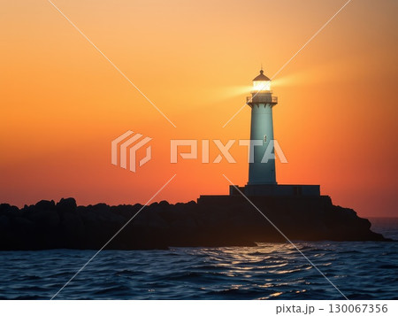 Powerful Lighthouse Beam at Golden Sunset or Sunrise Powerful Lighthouse Beam at Golden Sunset or Sunrise 130067356
