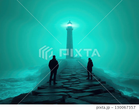 Eerie Lighthouse in Greenish Fog with Silhouetted Figures 130067357