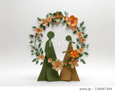 Earthy Paper-Cut Abstract Figures with Floral Art 130067364
