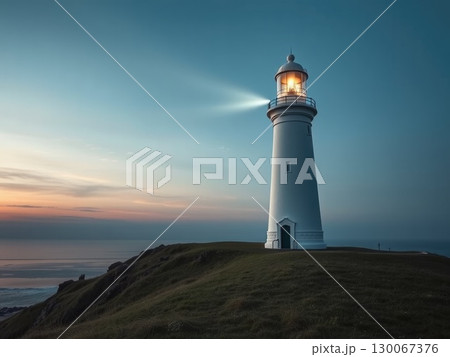 Lighthouse Beam at Tranquil Dusk or Dawn 130067376