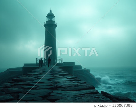 Eerie Lighthouse in Greenish Fog with Silhouetted Figures Eerie Lighthouse in Greenish Fog with Silhouetted Figures 130067399