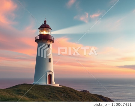 Lighthouse Beam at Tranquil Dusk or Dawn 130067411