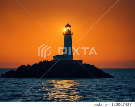 Powerful Lighthouse Beam at Golden Sunset or Sunrise Powerful Lighthouse Beam at Golden Sunset or Sunrise 130067427