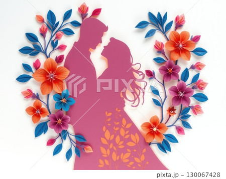 Paper Cut Couple in Romantic Floral Embrace 130067428