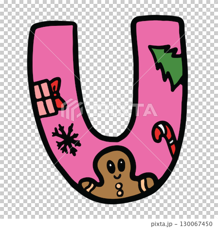 Hand drawn Christmas design of alphabet letter U with Christmas tree, gingerbread man, marshmallow, candy cane for festive font, typography, winter season, campaign badge, initial, name, calligraphy 130067450