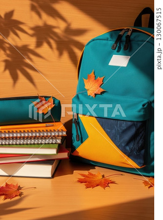 Fresh Start: New Backpack with School Supplies and Autumn Leaves Fresh Start: New Backpack with School Supplies and Autumn Leaves 130067515