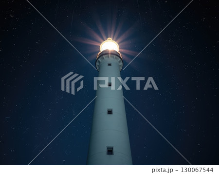Starry Night Sky with Guiding Lighthouse Beam 130067544
