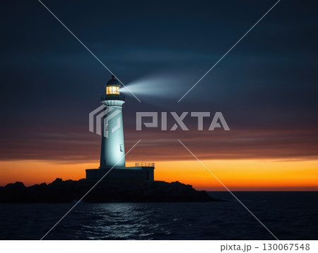 Powerful Lighthouse Beam at Golden Sunset or Sunrise 130067548