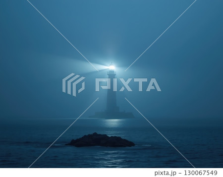 Mysterious Lighthouse in Dense Fog at Night 130067549